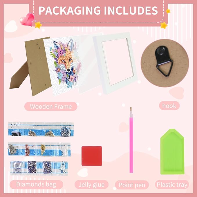 FlyingMage 5D Diamond Art Painting Kits with Wooden Frame, Cute DIY Diamond Art Mosaic Kits for Adults Women Teen, Kawaii Diamond Crafts Arts Full Drill Diamond Dots (White Fox)