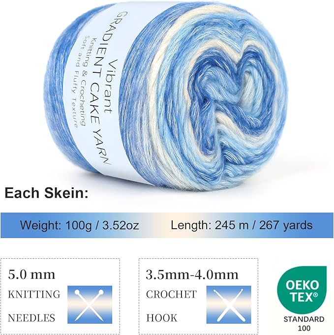 Aeelike Cake Yarn for Crocheting, 6 Skeins Gradient Yarn 100g (3.52 oz) 245m (267 Yards) # 3 Light Weight, Soft Ombré Yarns Fairyland Yarns Rainbow for Making Colorful Crafts, Fantasy Blue Gradient