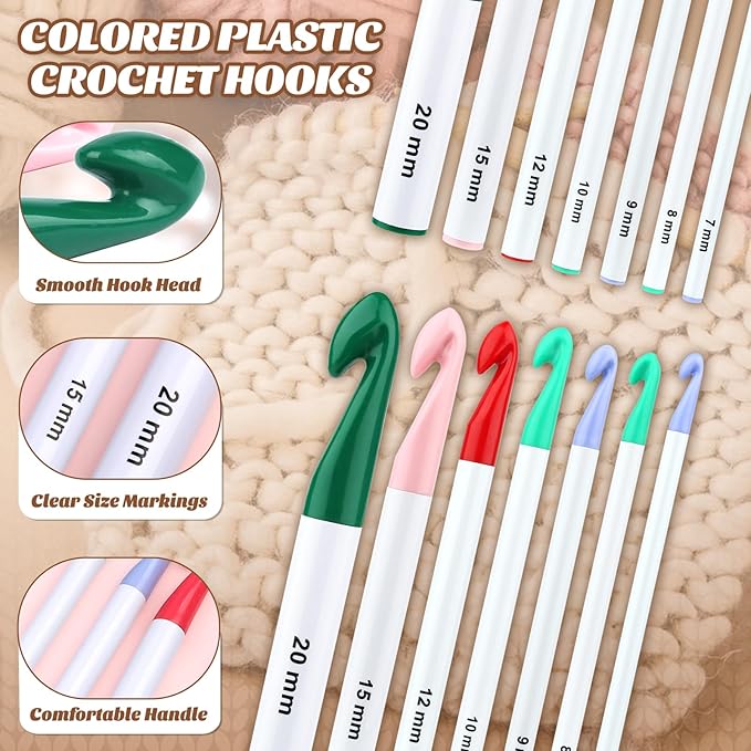 7 Sizes Large Crochet Hooks Set, 7mm-20mm Huge Crochet Hooks for Chunky Yarn, Ergonomic Crochet Needles with Big-Eye Blunt Needles Crochet Accessions for DIY Craft Carpets