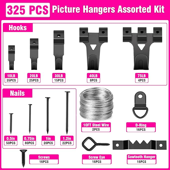 THINKLEARN Picture Hanging Kit - 327Pcs Picture Hangers with Hooks, Nails, Wires, Level & Hammer, Wall Hanging Kit for Frame, Painting, Art, Photo, Picture Hanging Hardware for Home & Office Decor