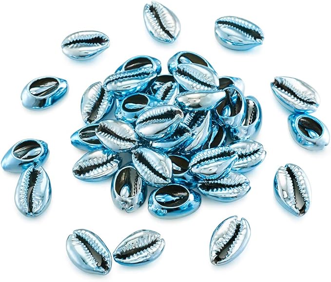Cheriswelry 100pcs Sea Shell Electroplated Beads Undrilled Sky Blue Spiral Cowrie Shell Oval Beads Ocean Summer Beach Loose Spacer Beads 17~21mm for DIY Bracelet Necklace Jewelry Making