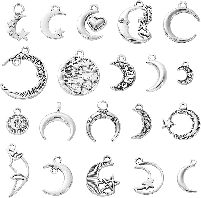 DanLingJewelry 100Pcs Mixed Styles Antique Silver Moon Charms Tibetan Moon and Star Charms for Crafting Jewelry Findings Making