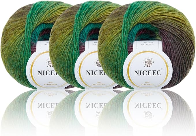 NICEEC 3 Skeins Rainbow Soft Yarn 100% Wool Gradient Multi Color Yarn for Crocheting Knit Total Length 180m×3(196yds×3,50g×3)-13#