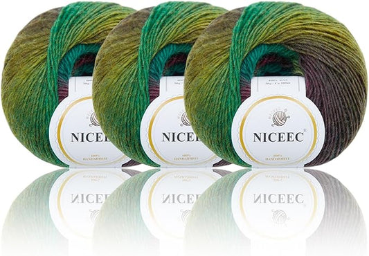 NICEEC 3 Skeins Rainbow Soft Yarn 100% Wool Gradient Multi Color Yarn for Crocheting Knit Total Length 180m×3(196yds×3,50g×3)-13#