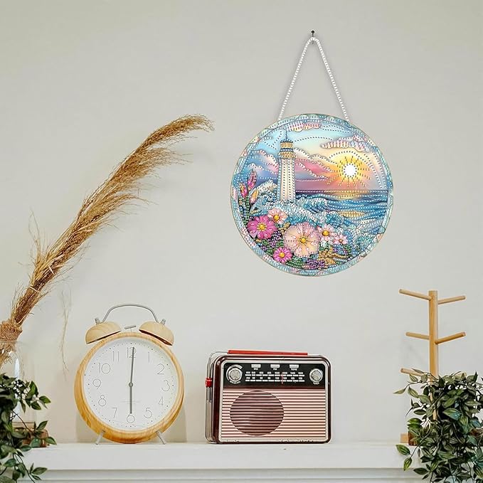 SKRYUIE Lighthouse Hanging Diamond Art Kits for Adults Pendant Suncatcher, Special Shaped Crystal DIY Pearl Diamond Painting Kit, Gift for Mother Spring Summer Window Wreath Decor 7.48 x 7.32 Inch A44
