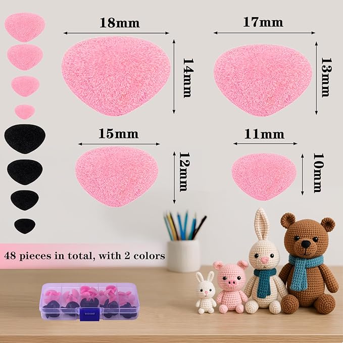 HeXueLy 48-Piece Fuzzy Safety Noses with Washers for Stuffed Animals, Crochet Toys and Amigurumi Dolls, Plush Soft Noses in Multiple Sizes for Teddy Bear and DIY Plush Making Kits