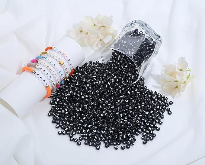 LAIDANLA 1000PCS Acrylic Number Beads White Number Black Round Bead 7×4mm for Jewelry Bracelets Necklaces Key Chains Making