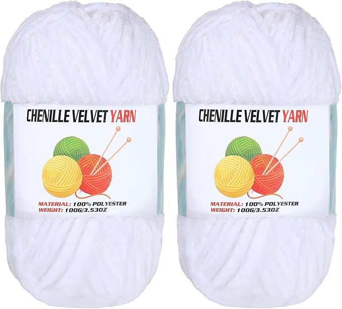 2 * 100g Velvet Chenille Chunky Yarn, Handcrafts Weaving Soft Chenille Yarn for Crocheting Clearance, Used for Making Baby Yarn Blanket, Clothes, Knitting Creations (White)