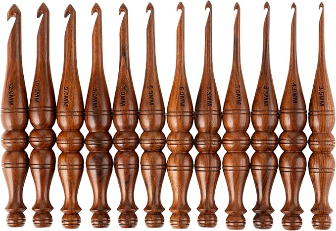 Bhartiya Handicrafts Wooden Crochet Hooks Set of 12 - Ergonomic Rosewood Knitting Needles with Engraved Design, Various Sizes (3.5mm to 12mm)