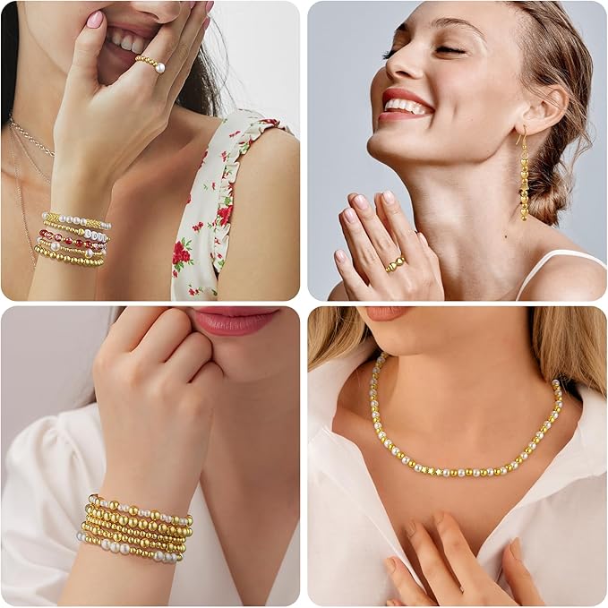 Funtopia Spacer Beads for Jewelry Making, 2500Pcs Gold Round Beads for Bracelets, 4mm 6mm 8mm Spacer Loose Ball Bead Star Pearls Letter Bead for DIY Bracelet Jewelry Making Craft