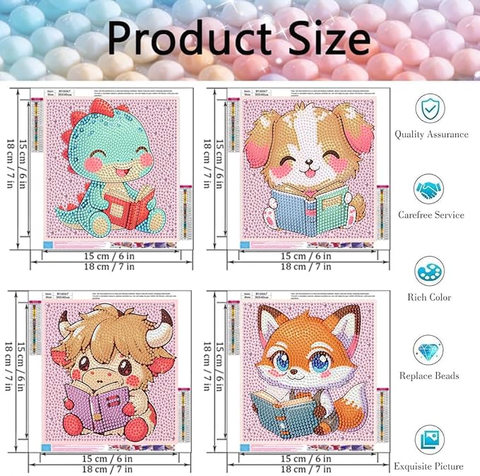 Tiwabb 4 Pack 5D Box Diamond Art Kits for Kids Ages 8-12,Cute Animals Reading Diamond Painting for Kids Beginners,Full Drill Gem Art for Kids DIY Crafts for Girls 8-12,for Home Decor 7x7 Inch