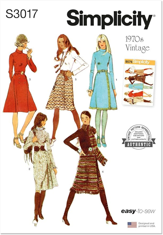 Simplicity SS3017K5 Misses' Vintage 1970's Front-Wrap Skirt Dress and Scarf Sewing Pattern Packet, Design Code S3017, Sizes 8-10-12-14-16, Multicolor
