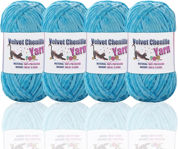 4 * 100g Fluffy Velvet Chenille Yarn for Crocheting and Knitting, Handcrafts Weaving Soft Chenille Yarn for Crocheting Clearance, Used for Making Baby Yarn Blanket, Clothes, DIY Craft (Lake Blue)