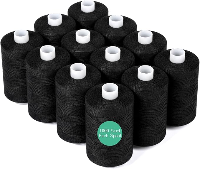 12pcs Black Sewing Thread - 1000Yard Black All Purpose Sewing Machine Thread for Sewing Machine, Hand Stitching, Embroidery Clothing Repair, Home Decor
