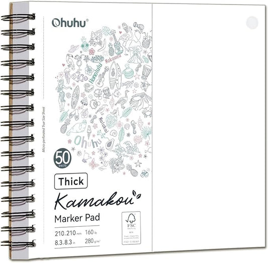 Ohuhu Double-Sided Bleedproof Marker Pad - 8.3"x8.3" Square Paper Size - 160 lb/280 gsm Heavyweight Smooth Drawing Paper - 50 Sheets/100 Pages - Spiral-Bound Sketchbook for Alcohol Markers