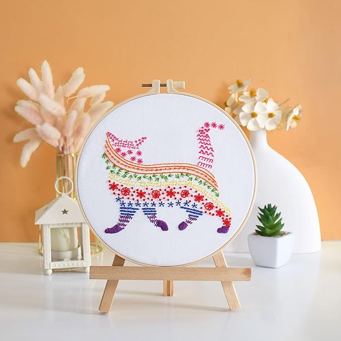 Louise Maelys Embroidery Kits for Beginners Adults,Cat Stamped Pattern Practice for Starters,Cross Stitch Kit Including Hoop,Cloth,Needles, Instruction and Threads