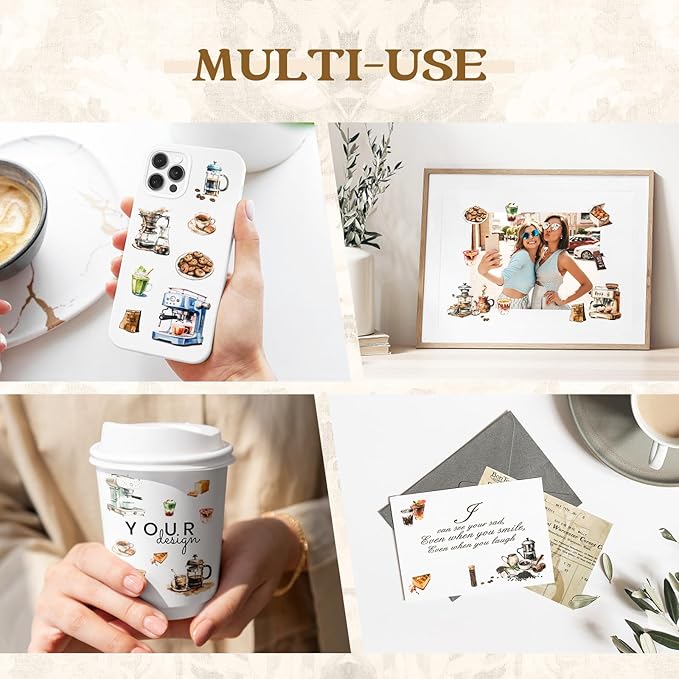 RISYPISY 54 Sheet Scrapbooks Supplies Kit, Precut PET/Washi Stickers, Coffee Sticker for Junk Journal Adult Planner DIY Crafts Decorative Paper for Scrapbooking