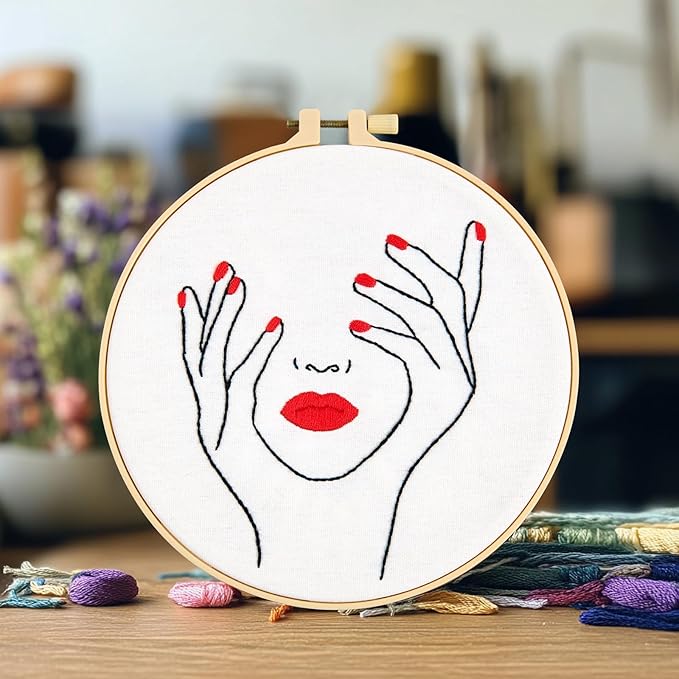 Embroidery Starter Kits for Beginners Adults, Stamped Cross Stitch Kits with Human Face Patterns for Beginners Adults, Craft Hobbies Set for Women, Embroidery Fabric, Threads, Hoops and Video Tutorial