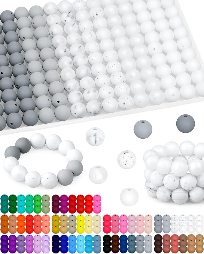 160pcs fiveizero 15mm silicone beads for keychain making - mixed color round rubber beads bulk, diy craft supplies for bracelets necklaces pens(white)