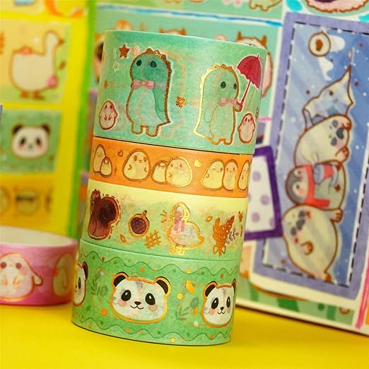 YUBX Cute Pets Washi Tape Set 13 Rolls Wide Gold Embellishment Decorative Masking Tapes for Arts, DIY Crafts, Journals, Planners, Scrapbook, Wrapping (Animal Kindergarten)