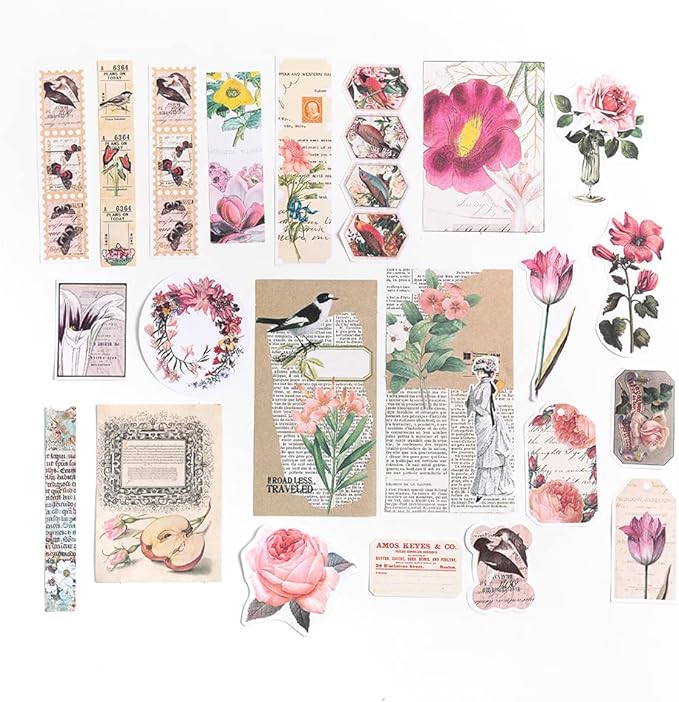 Alideco 200pcs Vintage Scrapbook Supplies Kit Kawaii Mushrooms, Flowers Scrapbooking Paper Washi Bullet Journals Planners Collage Album Aesthetic Cottagecore