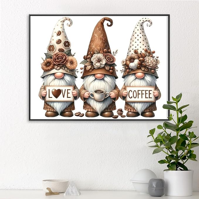 Yezavesu Gnome Diamond Art Kits for Adults, Coffee Diamond Painting Kit for Beginners, 5D DIY Round Full Drill Painting with Gem Art Craft Kits for Home Wall Decor 12x16 Inch