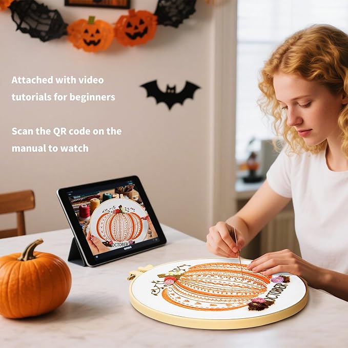 Easy Beginners Embroidery Stitches Practice Kits for Adults, Fall Pumpkin Embroidery Starters Kits for Beginners to Learn 26 Stitches, Autumn Hand Embroidery Set Craft for Women & Video Tutorial