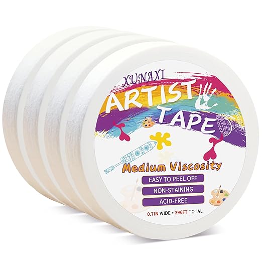 4 Packs Artist Tape Medium Tack White Art Tape for Watercolor Paper Drafting Art Painting Canvas Framing Acid Free Masking Tape- 0.7IN Wide 396FT Long Total