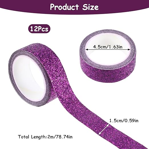 Vin Beauty Glitter Washi Tape Set 12 Rolls Colored Decorative Tape Set, Sparkle Metallic Washi Tapes Adhesive Washintape for Art, Scrapbook DIY Craft Projects Gift Wrapping Decor & Crafts