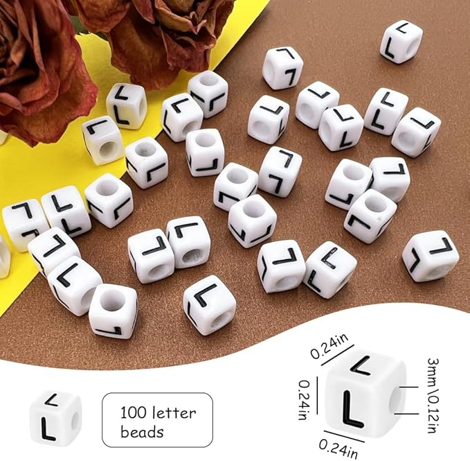 MIIIM 100pcs Pony Beads Letter L for Keychains Making, 6x6mm Large Hole Square Letter Beads for Bracelets Making, Alphabets, Numbers (White and Black)