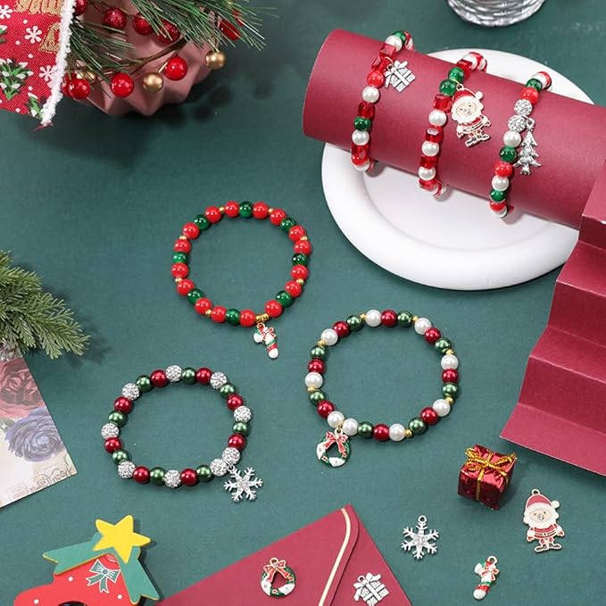 SUNNYCLUE 1 Box 218Pcs 6Sets Christmas Bracelet Making Kit Red Green Glass Beads Christmas Tree Enamel Charm Jingle Bell Snowflake Charms Rhinestone Bead for Jewelry Making Kits Beading Supplies