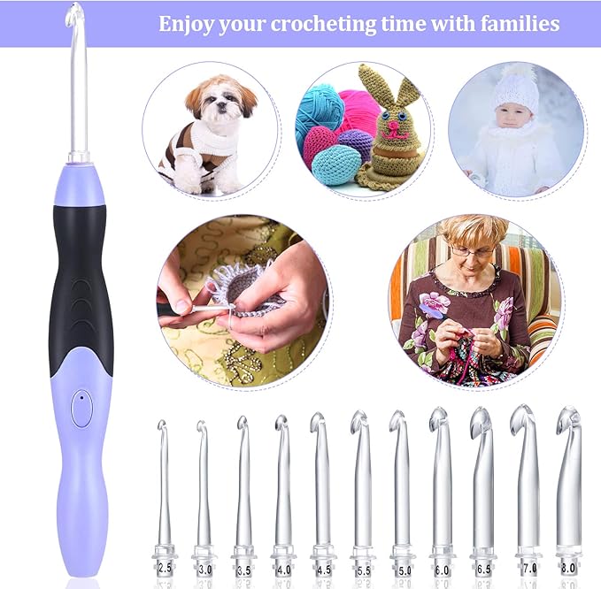Chuangdi 11 Sizes Lighted Crochet Hooks Set Rechargeable Crochet Hook Light up Hooks with Case, Interchangeable Heads 2.5 mm to 8 mm for DIY Craft Supplies(Purple-Black)