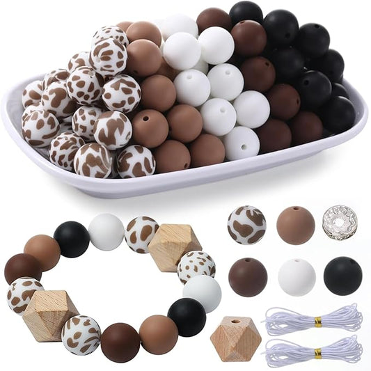 96Pcs Silicone Beads for Bracelets with 4Pcs Wooden Bead and Elastic 2 Strings, 15mm Silicone Beads Bulk Cows Bracelet Making Kit Focal Bead for Pens Keychain Making Kit