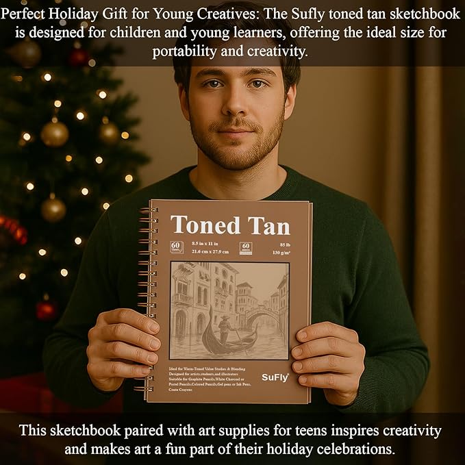 sufly toned tan sketch pad, 8 1/2 x 11 sketchbook, 60 sheets - 90lb/150gsm toned tan sketch paper for mixed media, charcoal, graphite, colored pencils & white gel pens, 100% recycled, wire-o bound.