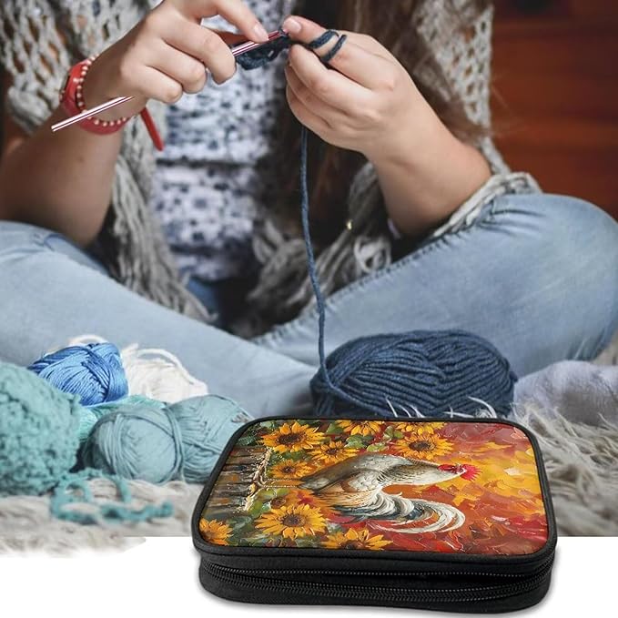 Hechitok Sunflower Crochet Hook Case Empty Zipper Bags Organizer Travel Crochet Storage Bag with Web Pocket for Carrying Various Crochets and Knitting Accessories