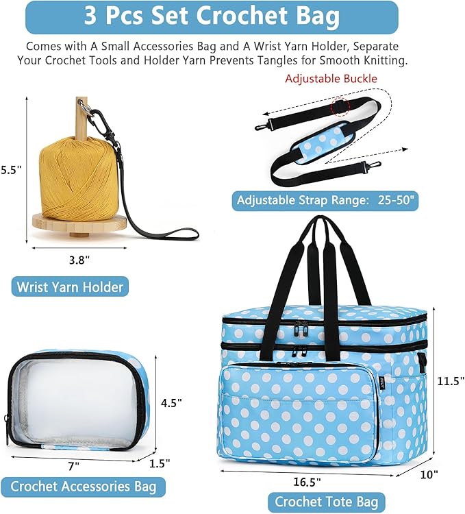 IBFUN 3PCS Crochet Bag with Wrist Yarn Holder, Large Yarn Storage Tote Waterproof Knitting Bag Organizer with Adjustable Strap for Hooks, Needles (Up to 14"), Accessories, Crochet Lovers, Tangle-Free