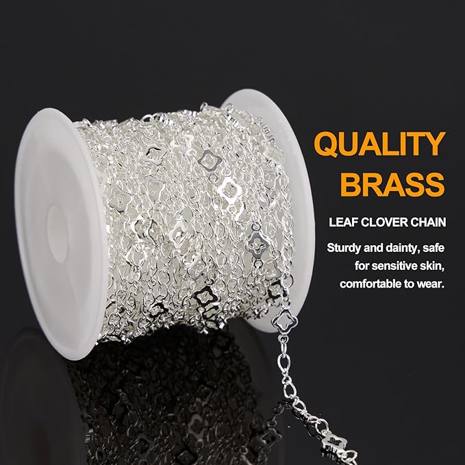 KYUNHOO 16.4 FT/5M Four Leaf Clover Chains for Crafts Silver Jewelry Making Chain Roll on Bulk with Clasps for Women DIY Supply Jewelry Findings