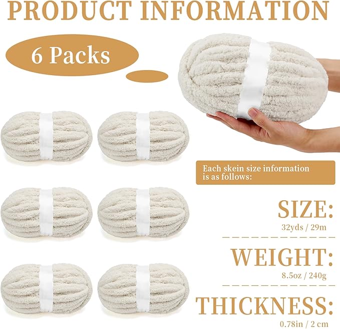 Chunky Chenille Yarn for Crocheting/Arm Knitting, Super Soft Jumbo Knit Blanket Yarn Beige 6 Pack (32 yds, 8.5 oz Each Pack)