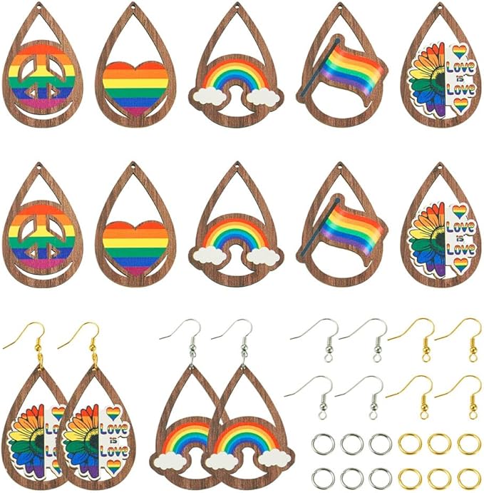 40pcs Gay Pride Wooden Earring Charms Rainbow Flat Teardrop Wood Pendants with Ear Hooks & Jump Rings for Pride Events Gay Month Parade DIY Jewelry Hanging Ornament Making