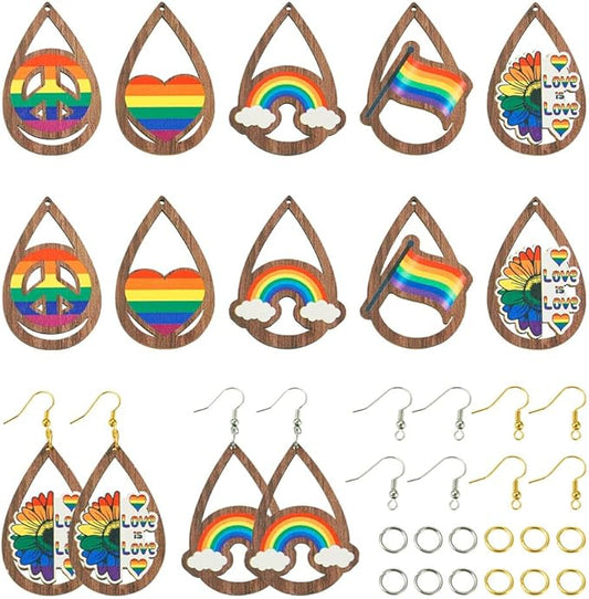 40pcs Gay Pride Wooden Earring Charms Rainbow Flat Teardrop Wood Pendants with Ear Hooks & Jump Rings for Pride Events Gay Month Parade DIY Jewelry Hanging Ornament Making
