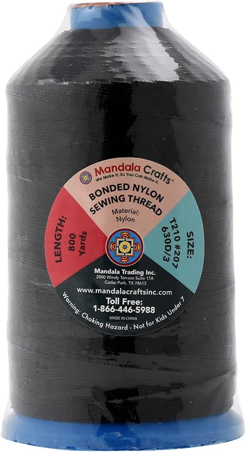 Mandala Crafts Size 207 630D T210 Bonded Nylon Thread - Black 800 YDs Tex 210 Heavy Duty Sewing Threads for Leather, Jeans, Weaving, Outdoor Marine Upholstery