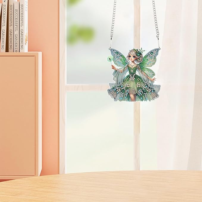 Diamond Art Painting Hanging Pendants Kits Green Butterfly Fairy DIY Crystal Rhinestone Wreath Kits, Colored Point Crystal Diamond Art Window Pendants Home Garden Wall Door Birthday Festival Gifts
