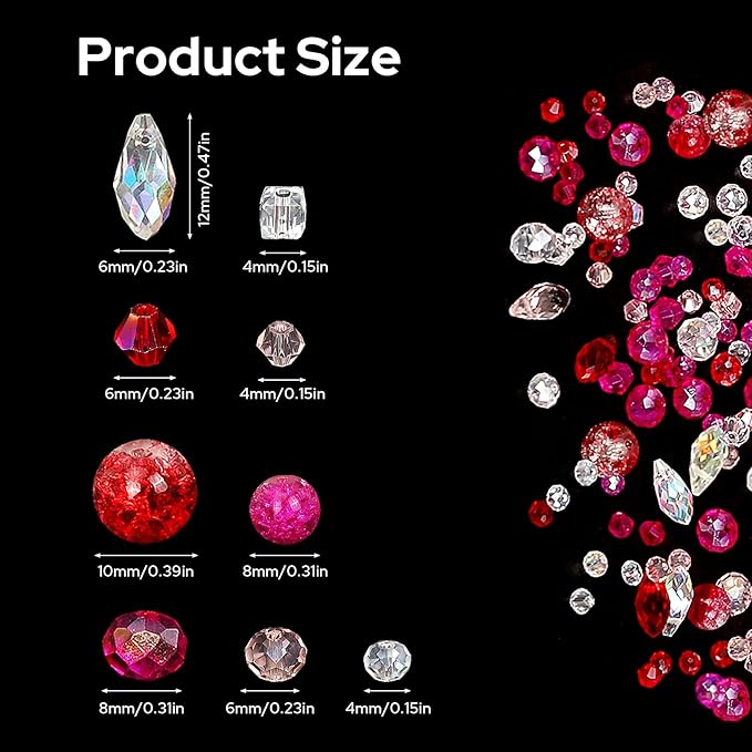 1000pcs Glass Beads for Jewelry Making Colorful Rainbow Craft Crystal Beads with Loose Beads Sparkly Beads for DIY Necklace Bracelet Earring(Red/Pink)