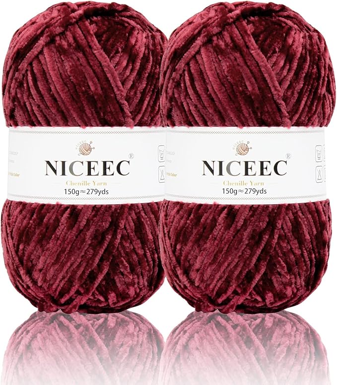 NICEEC 2 Skeins Soft Chenille Yarn Blanket Yarn for Knitting Fancy Yarn for Crochet Weaving DIY Craft Total Length 2×255m (2×279yds, 2×150g)_Sauce Red