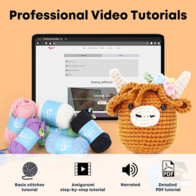 Crochet Kit for Beginners: Highland Cow Crochet Kit, Include Easy Knitting Soft Yarn, Step-by-Step Video Tutorial, Hook, Birthday Gift for Adults and Teen(30%+ Yarn)