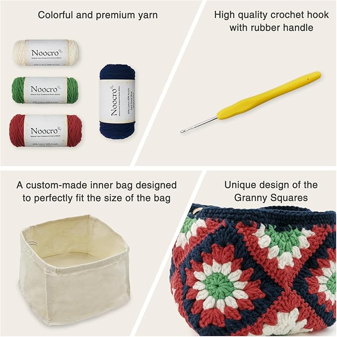 Noocro Crochet Kit Granny Square Shumai Bag, Purse, Complete DIY Kit, Detailed Instructions, Video Tutorials, for Beginners or Intermediate and Advanced Crocheters (Roma Rose)