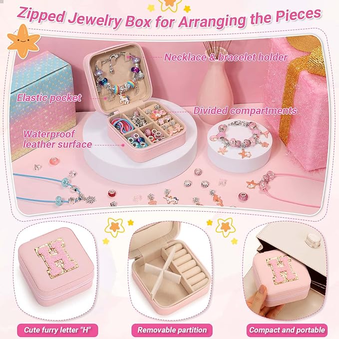LifeisLuck Charm Bracelet Making Kit - 110 Pcs Beads Jewelry Making Kit, Unicorn & Mermaid Crafts Birthday Gifts with H Initial Personalized Bracelet Case