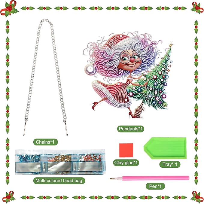 Christmas Diamond Art Pendant Kit, 5D DIY Hanging Diamond Painting for Adults, Santa Claus and Grandma with Christmas Tree, Crystal Ornament for Wall, Window, Door, Home Decor & Gift, 24.1x23.1 cm