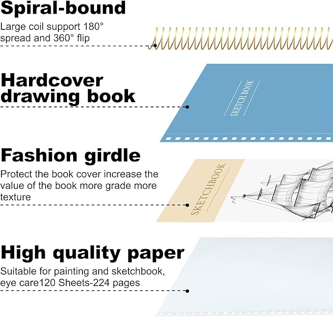 9 x 12 inches Hardcover Sketchbook for Drawing 120 Sheets Spiral Bound Sketch Pad Premium Art Sketchbook Artistic Drawing Painting Writing Paper(68lb/100gsm) for Kids Adults Beginners Artists, Blue