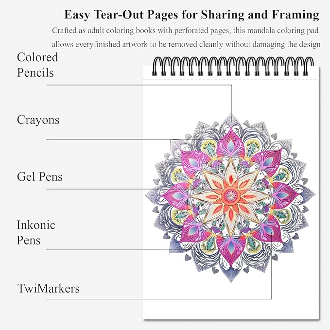 Mandala Coloring Book for Adults Hardcover: 50 Unique Designs Spiral Coloring Book for Adults with Perforated Pages. (Mandala Designs, 9 x 12 inches, 50 Sheets), Valentines Day Gifts.
